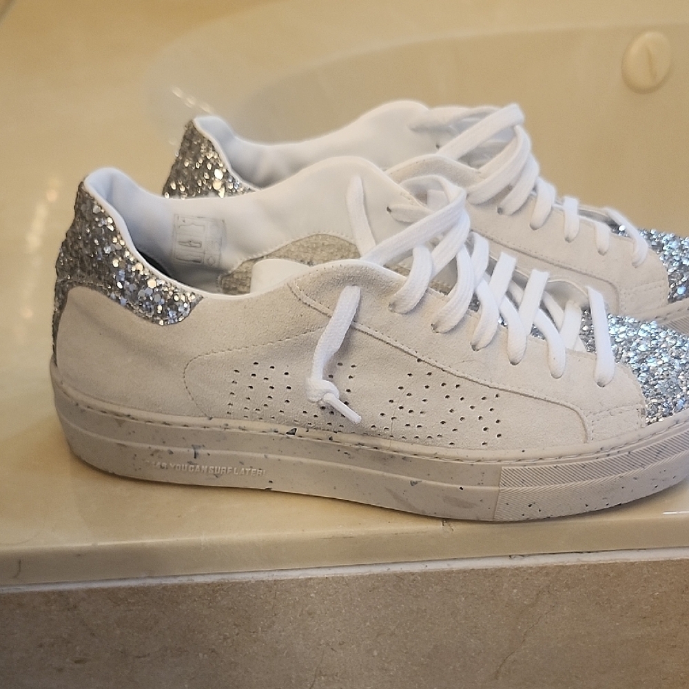 P448 Women's White Suede Sneakers with Silver Glitter Toe & Heel - Picture 5 of 8